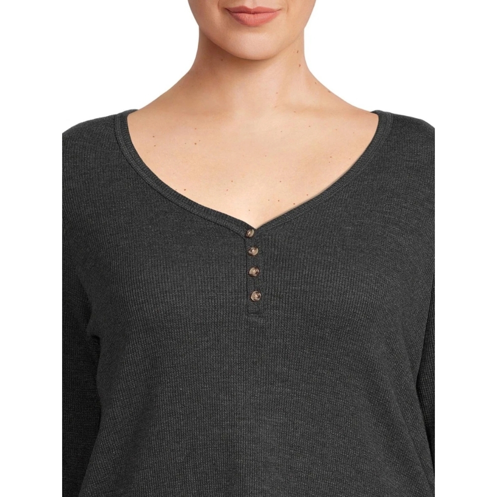 Terra & Sky Womens 1X Plus Black Soot Waffle Knit Henley Long Sleeve Top NEW - Picture 2 of 6